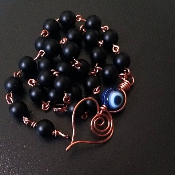 Handmade & Unique! Wire Wrapped Heart Necklace ~ Black Stone + Copper ~ Evil Eye - Picture 5 of 15